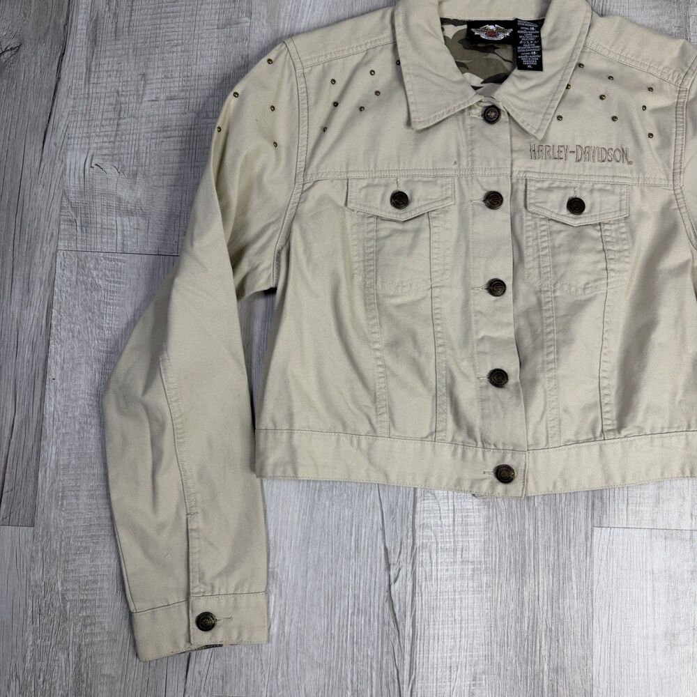 Harley Davidson Jacket Women’s Size XL Khaki Tan Studded Dazzle Cropped Biker J - Picture 2 of 13